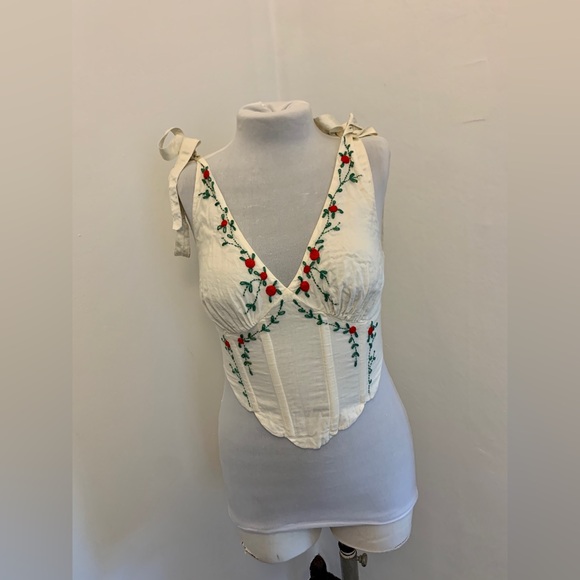 LPA Alec Top Ivory small corset embroidery tie cotton floral sexy crop Milkmaid - Picture 15 of 17